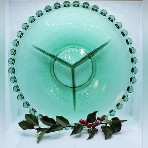 Emerald Green Divided Imperial Glass Candlestick Style Plate.